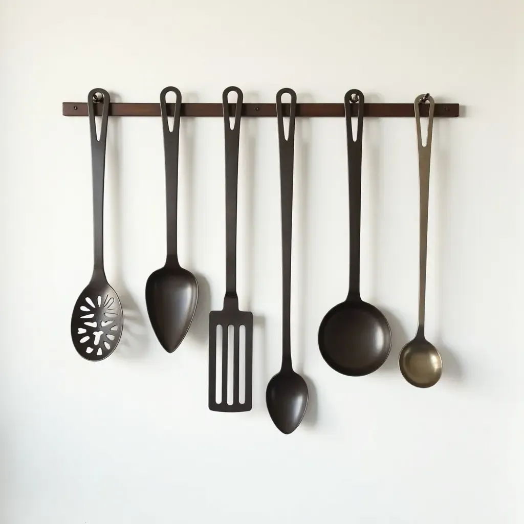 a photo of a metal wall sculpture depicting kitchen utensils