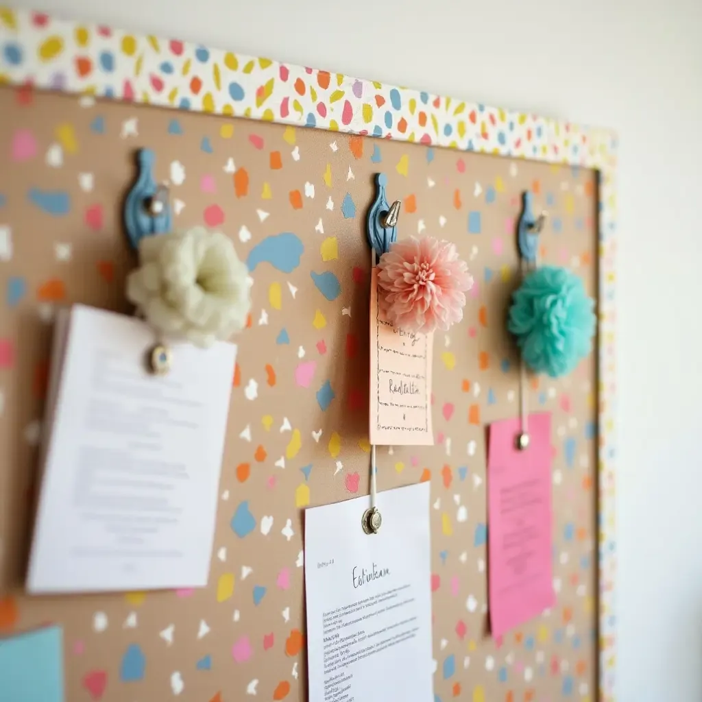 a photo of a colorful bulletin board with storage hooks