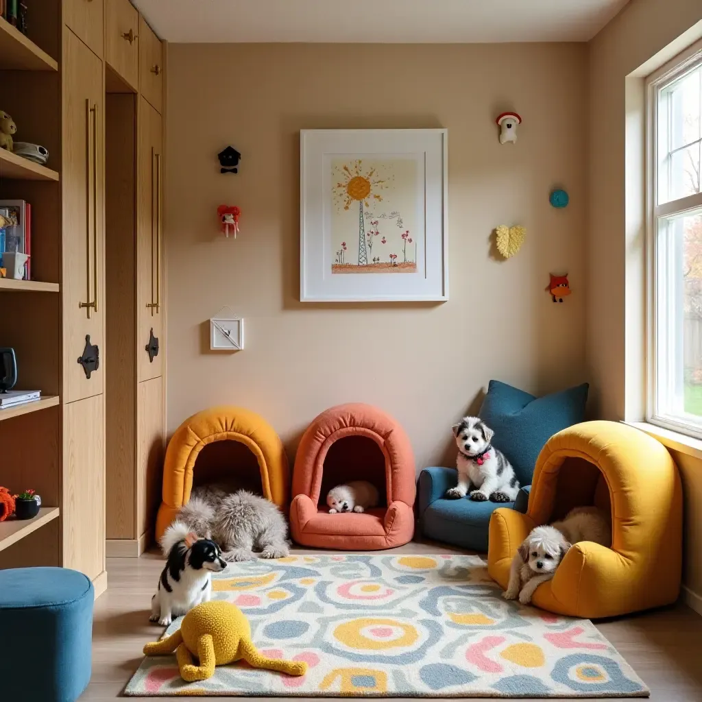 a photo of a whimsical basement pet corner with colorful pet beds and toys