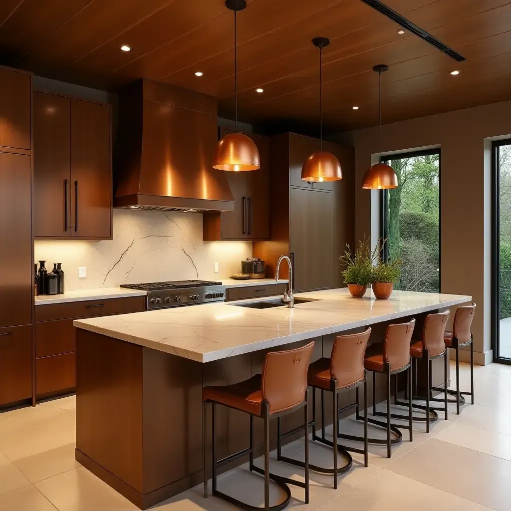 a photo of a luxurious kitchen with copper finishes