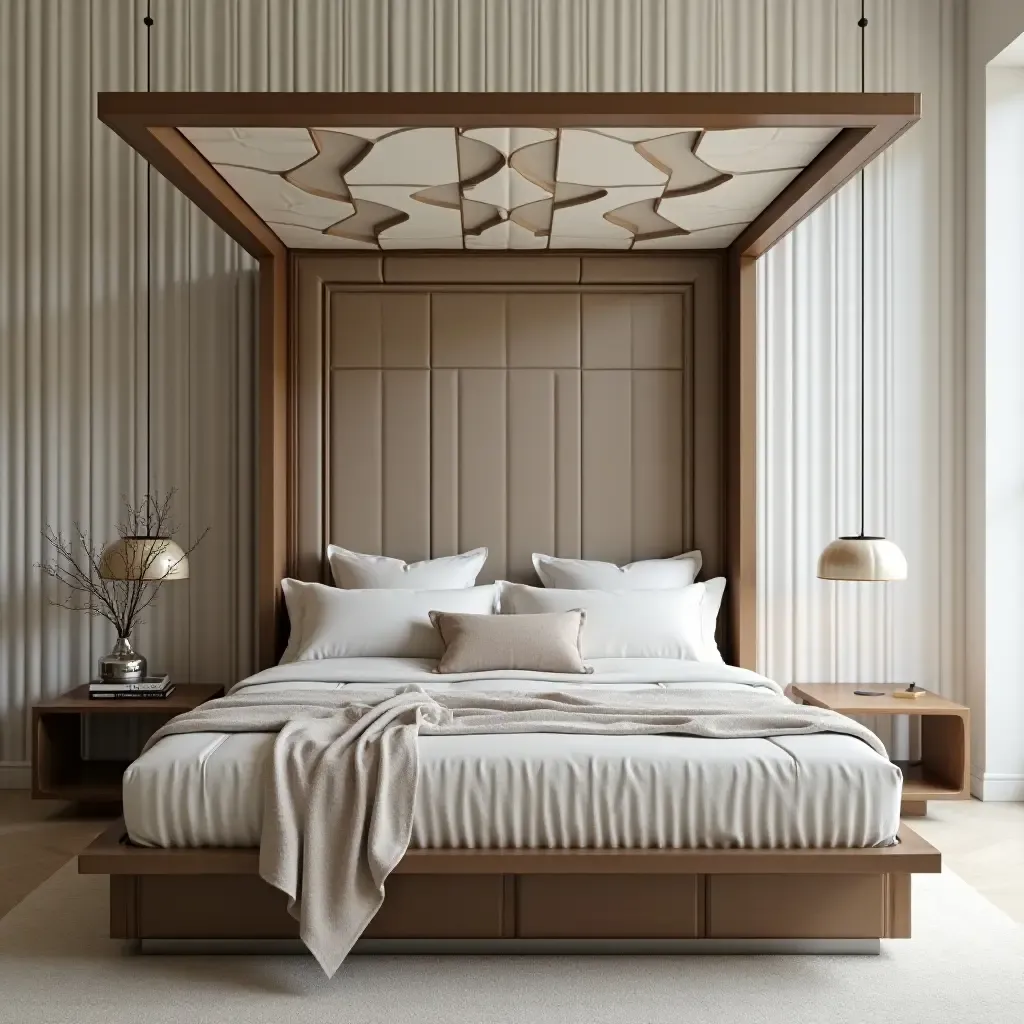 a photo of a contemporary canopy bed with geometric patterns