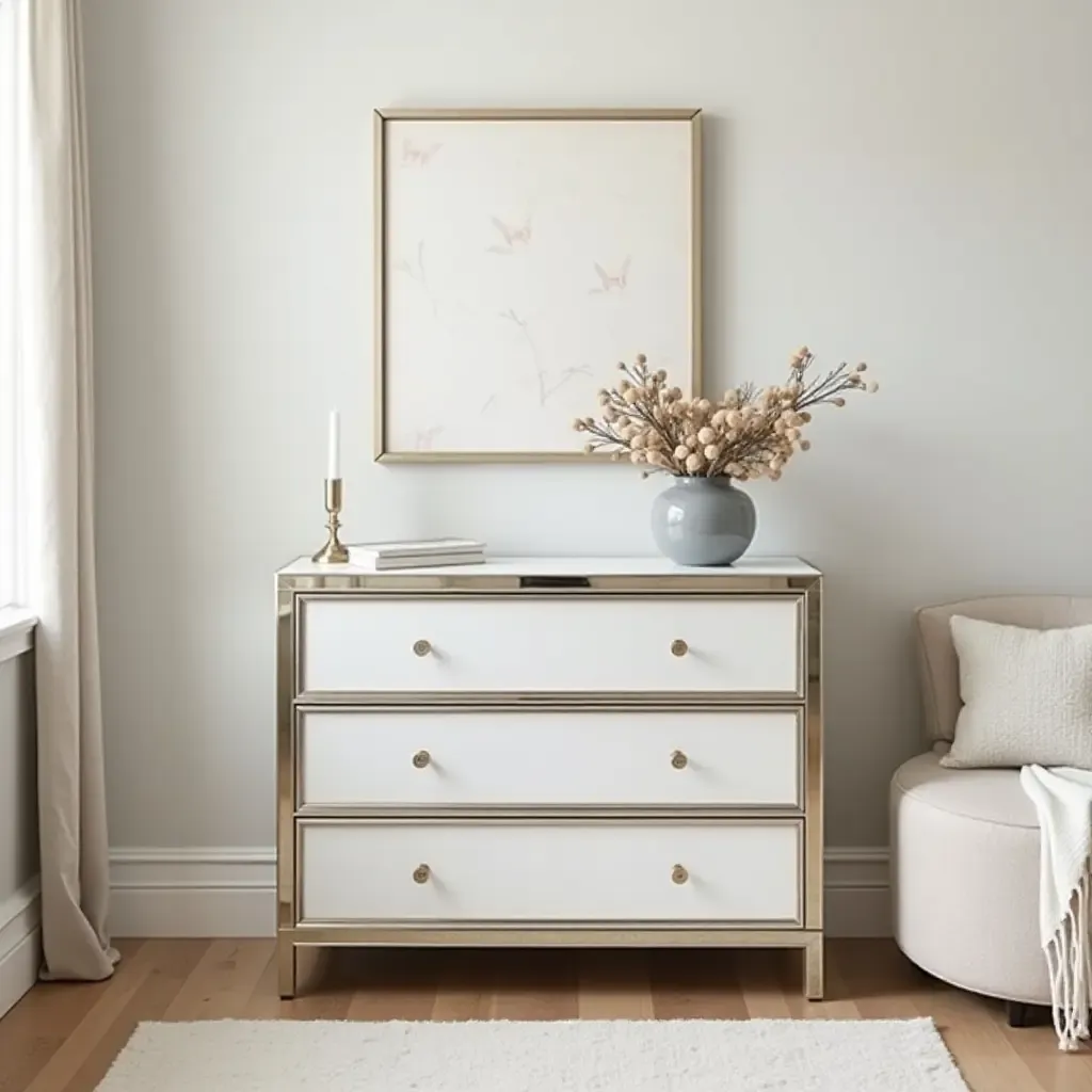 a photo of a nursery showcasing a mirrored dresser for added space