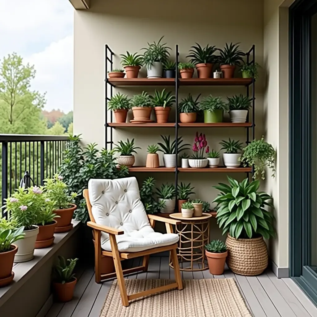 a photo of a balcony with a stylish folding chair and organized plant shelves