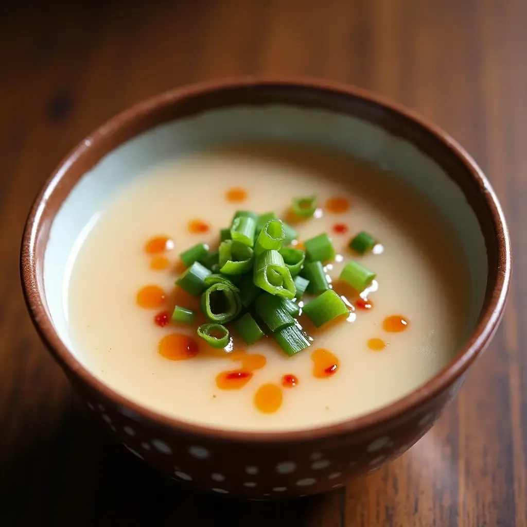 a photo of a bowl of Doujiang, a savory soy milk drink, garnished with scallions and chili oil.