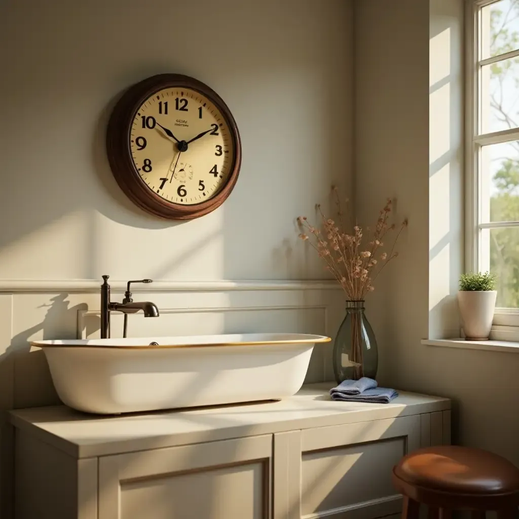 a photo of a retro wall clock in a cozy bathroom setting