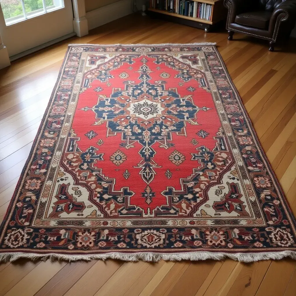 a photo of a vintage Persian rug on a wooden floor