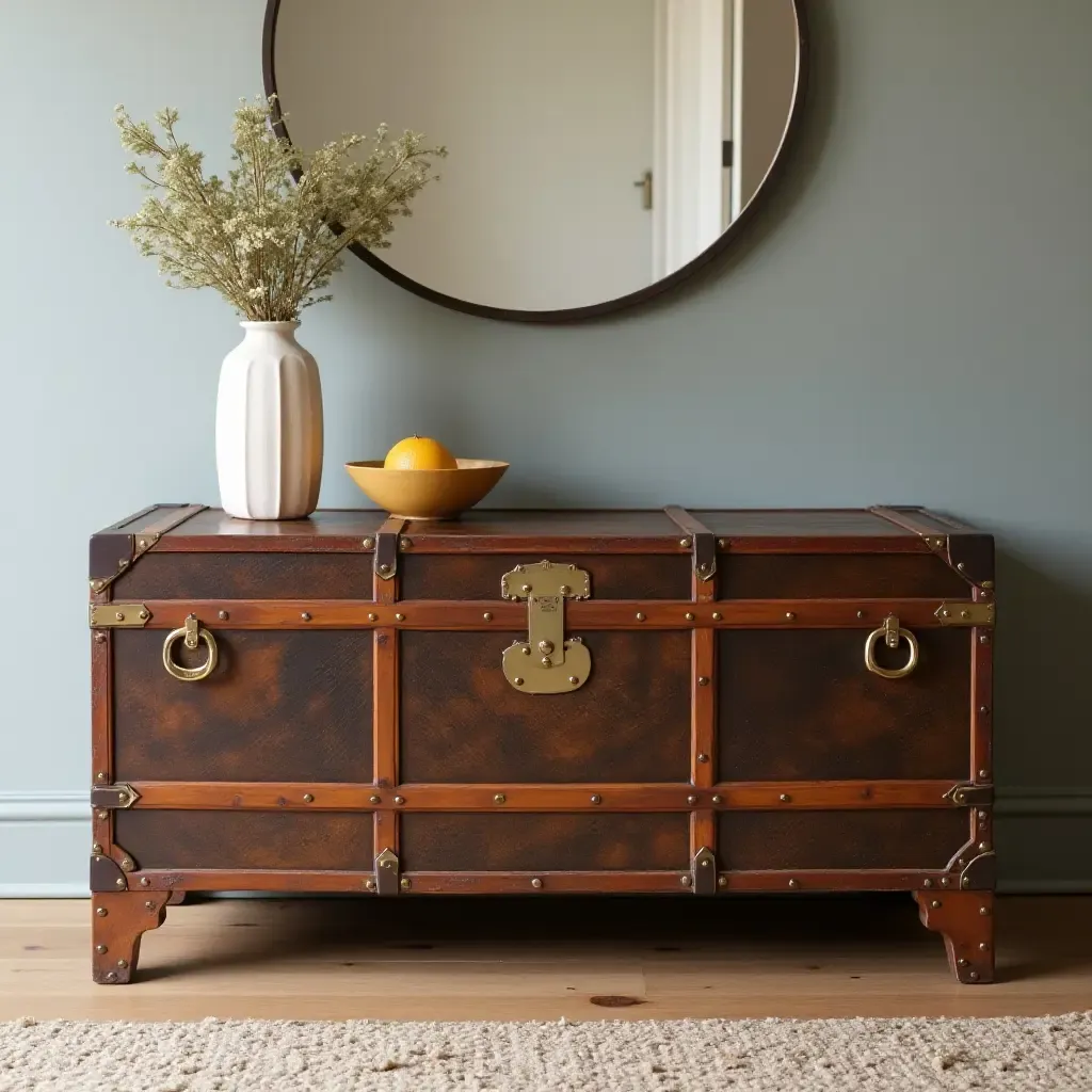 a photo of a vintage trunk used as a hallway storage