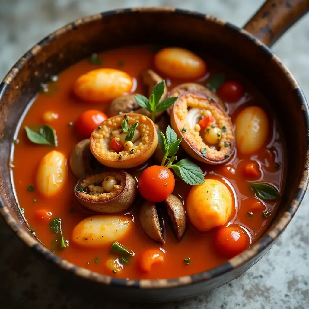 a photo of a flavorful Cataplana stew with seafood and tomatoes