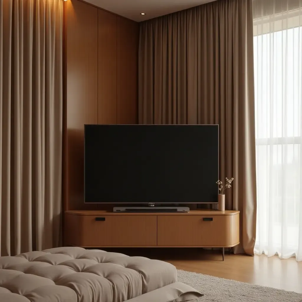 a photo of a corner TV with an elegant curtain backdrop