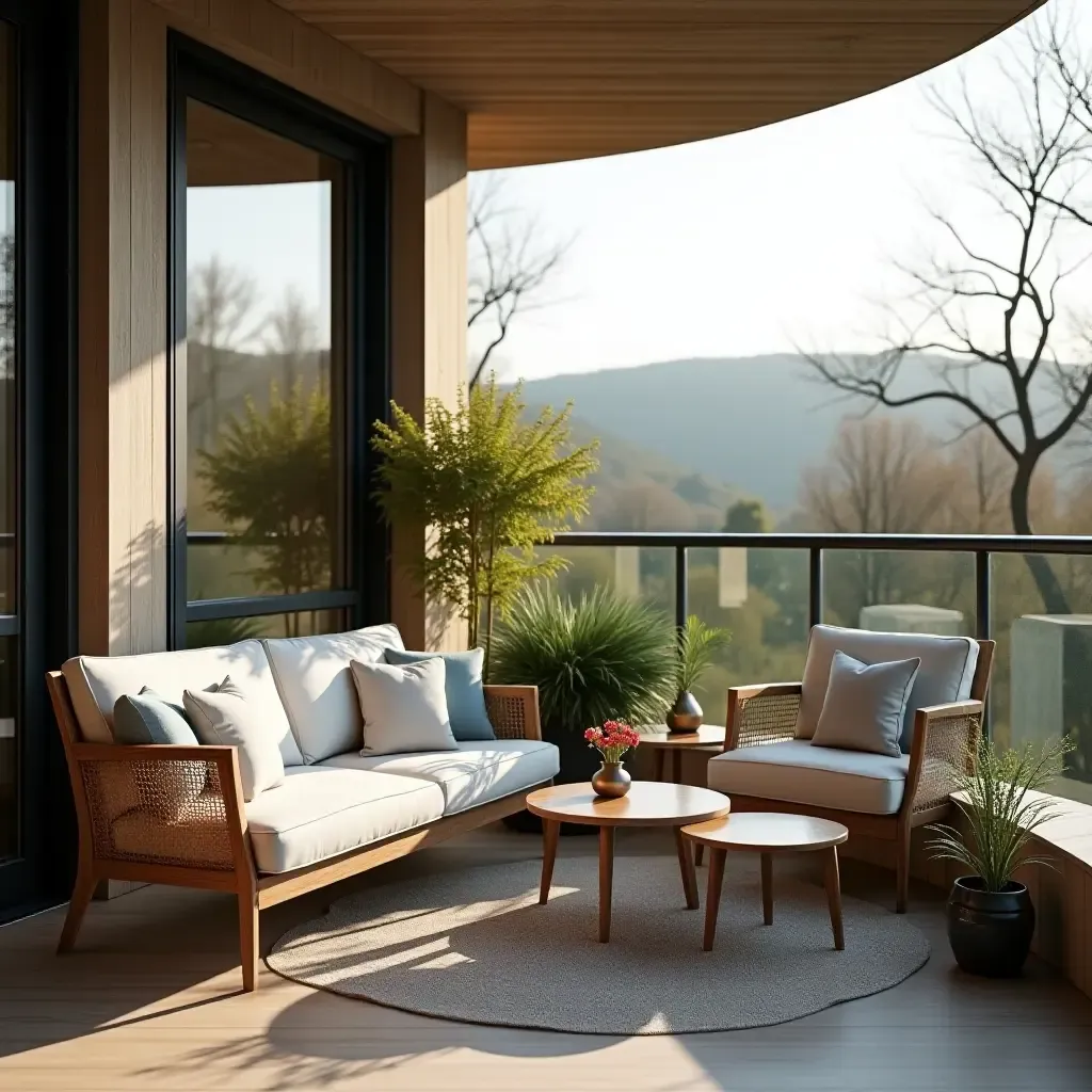 a photo of a modern balcony with comfortable chairs and a small table