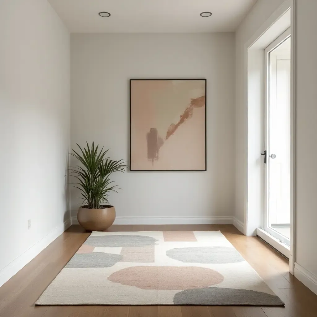 a photo of a chic, abstract rug with muted tones in a minimalist hall