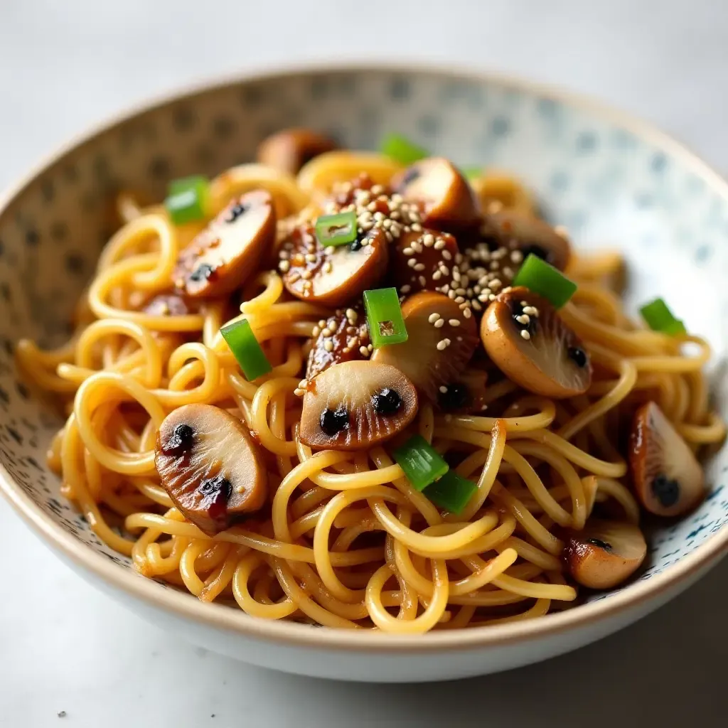 a photo of a vibrant plate of shirataki noodles stir-fried with mushrooms, soy sauce, and sesame seeds.