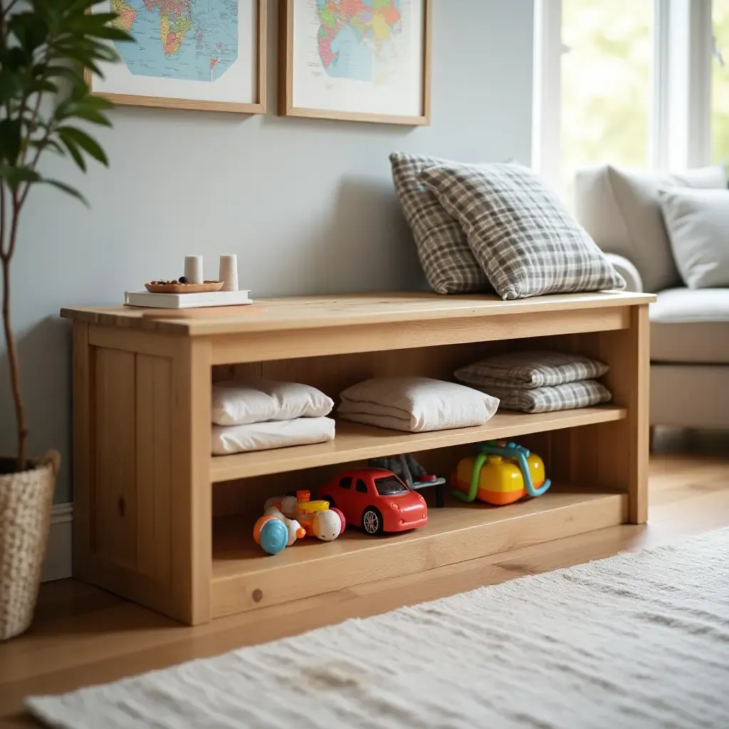 a photo of a wooden storage bench for pool toys