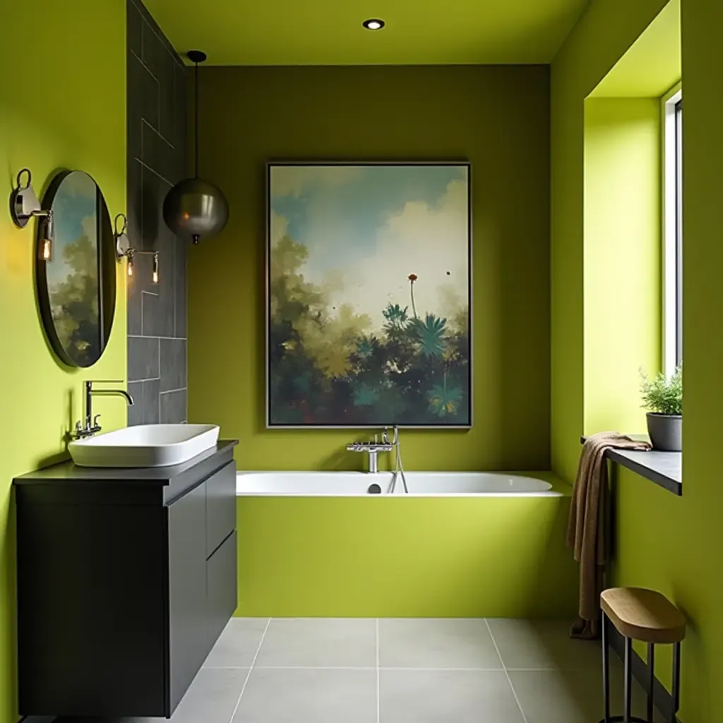 a photo of a bright lime green and charcoal bathroom with modern art