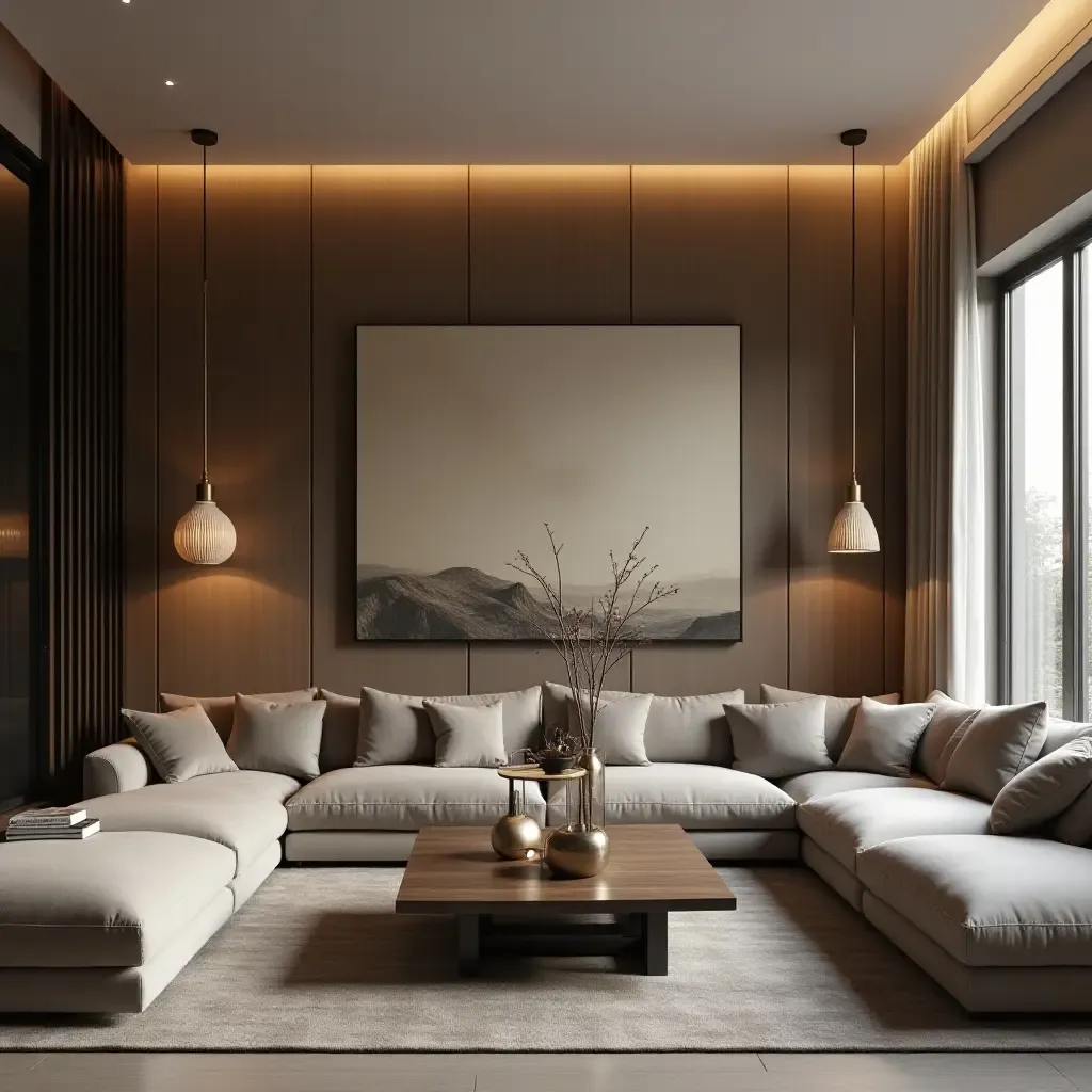 a photo of a sleek living room with metallic accents in lighting fixtures