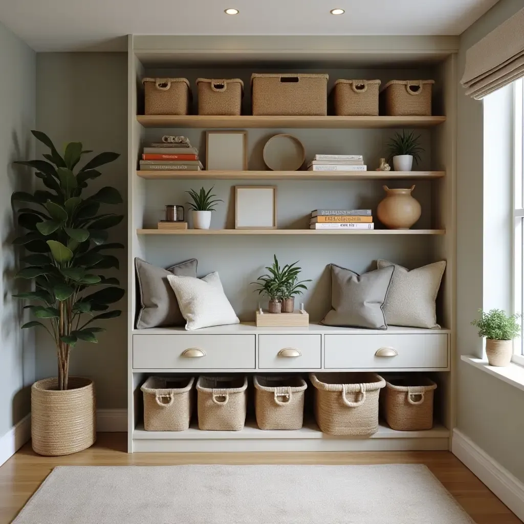 a photo of a trendy basement storage solution with stylish bins and decor