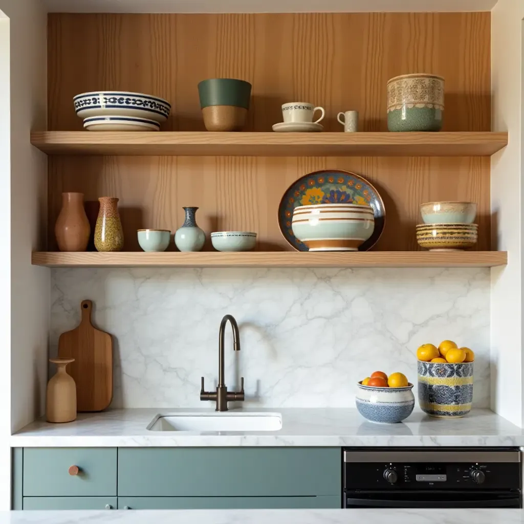 a photo of a vibrant open shelf with mixed textures and patterns in a kitchen