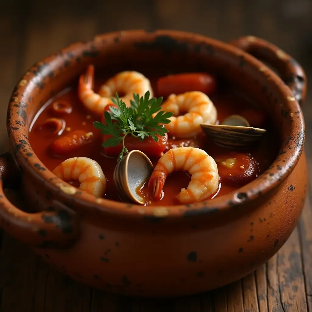 a photo of a traditional Portuguese seafood stew with clams, shrimp, and chorizo in a rustic clay pot.