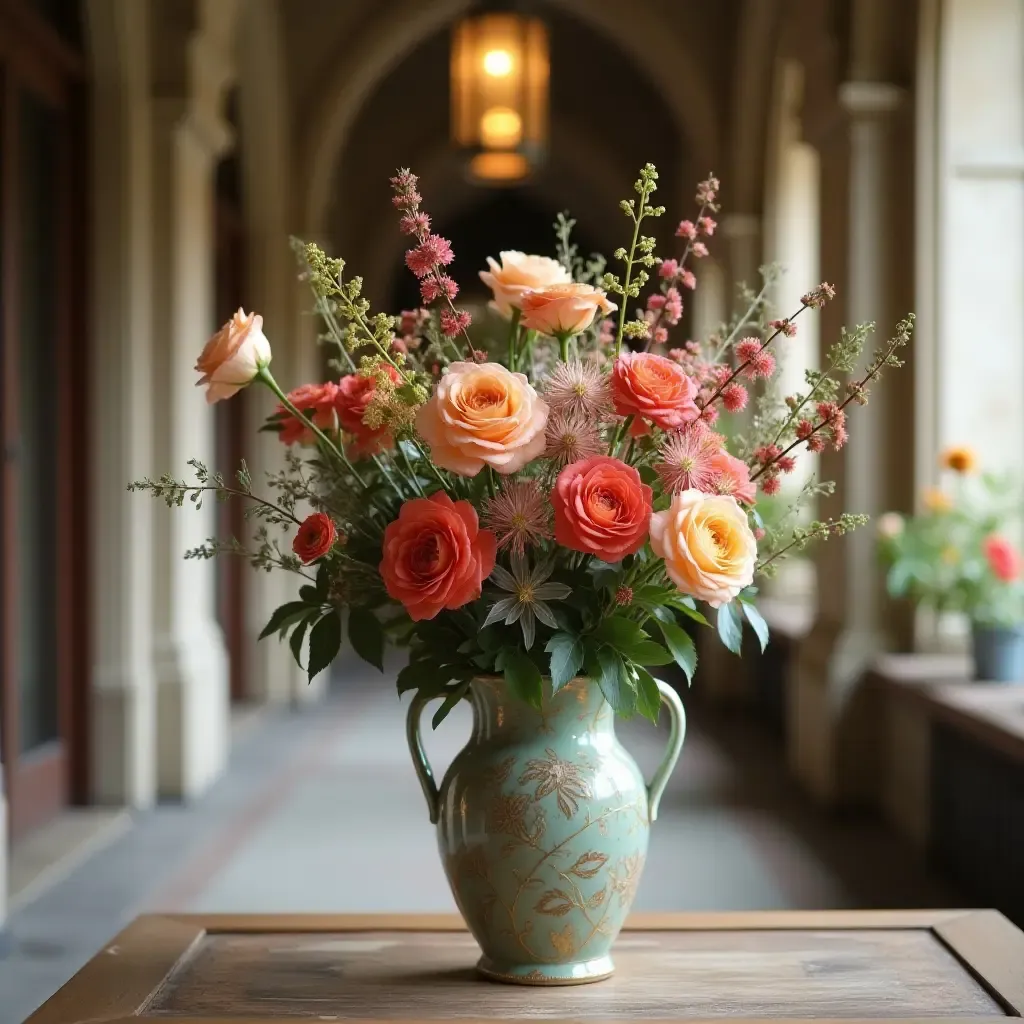 a photo of a charming floral arrangement in a vintage vase in a corridor