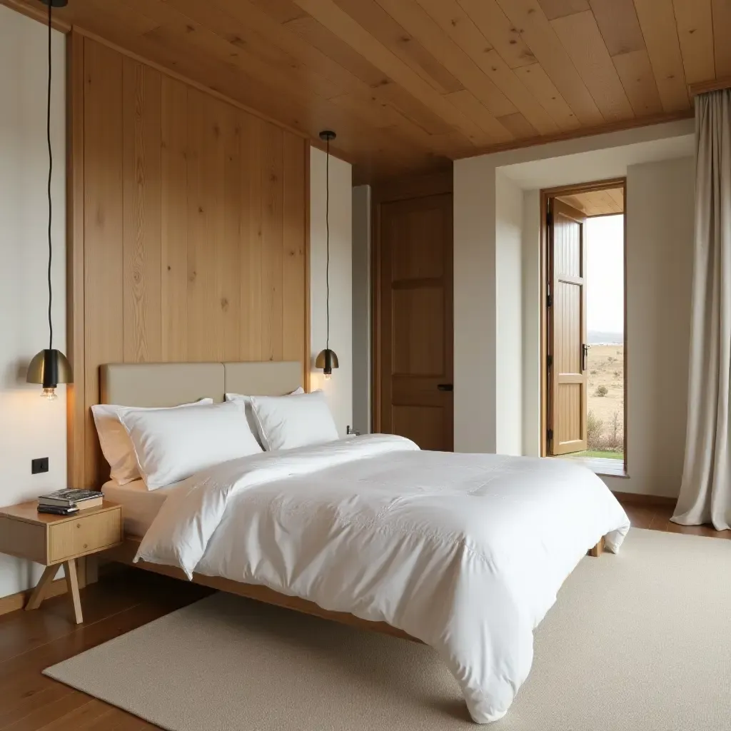 a photo of a calming retreat featuring a natural wood ceiling and soft linens