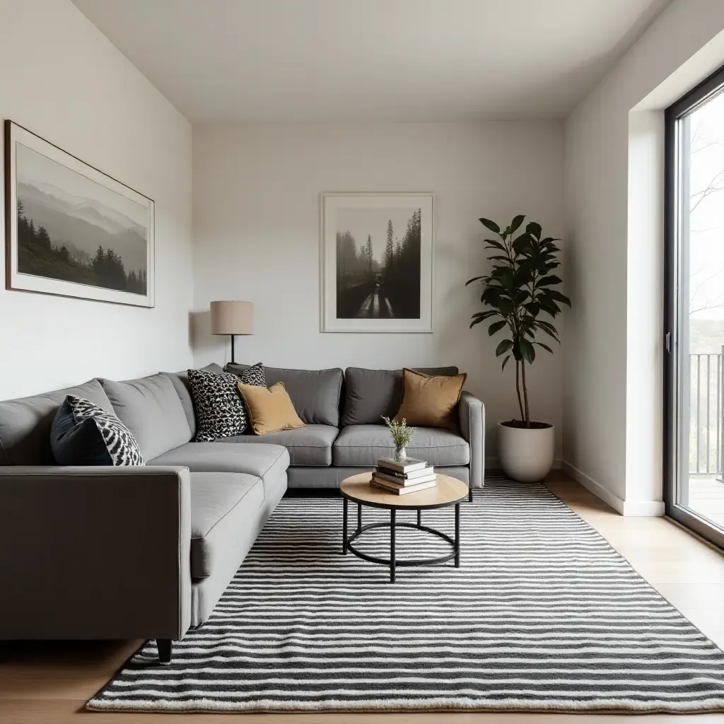 a photo of a chic, black and white striped rug in a modern basement