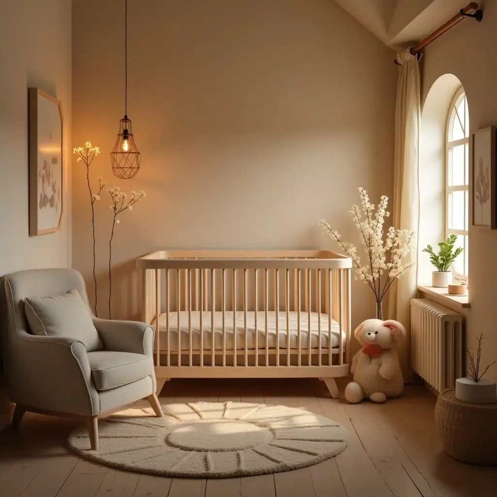 a photo of a nursery with a cozy atmosphere and soft, ambient lighting