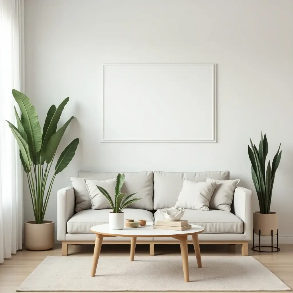 a photo of a minimalist living room with succulents