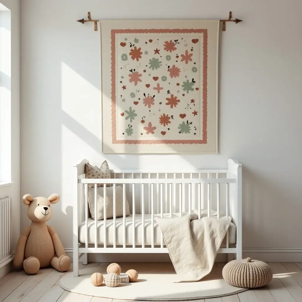 a photo of a nursery with a nostalgic quilt on the wall