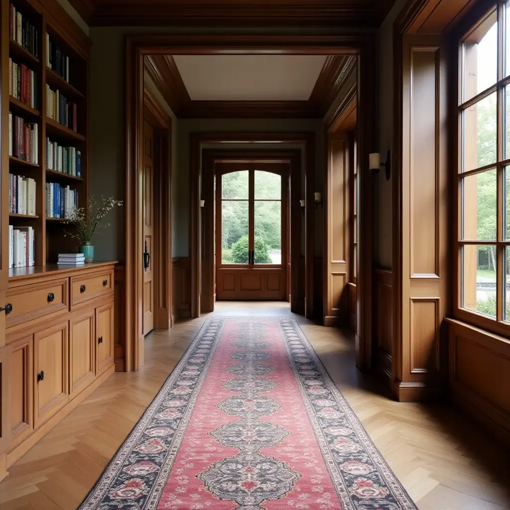 a photo of a patterned runner rug leading to a library entrance