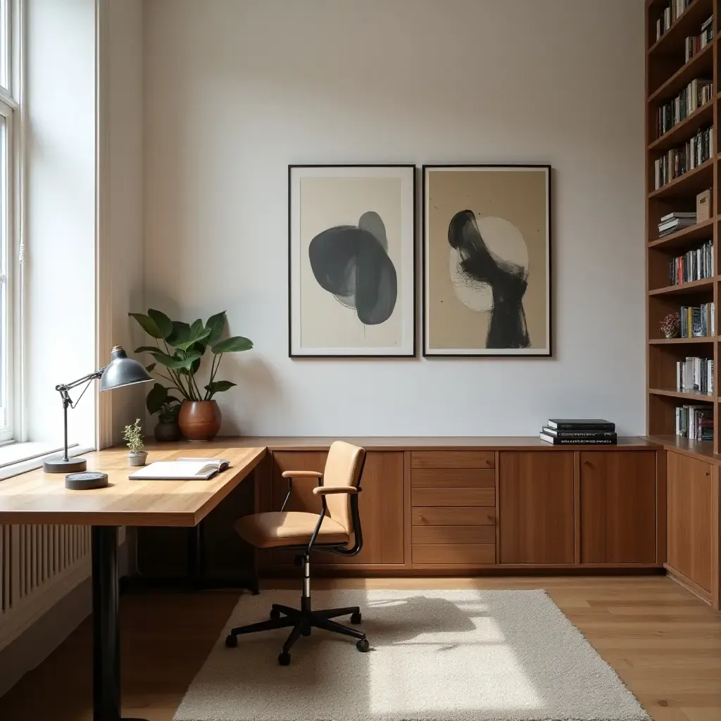 a photo of a minimalist library with vintage wooden desks and modern art on the walls