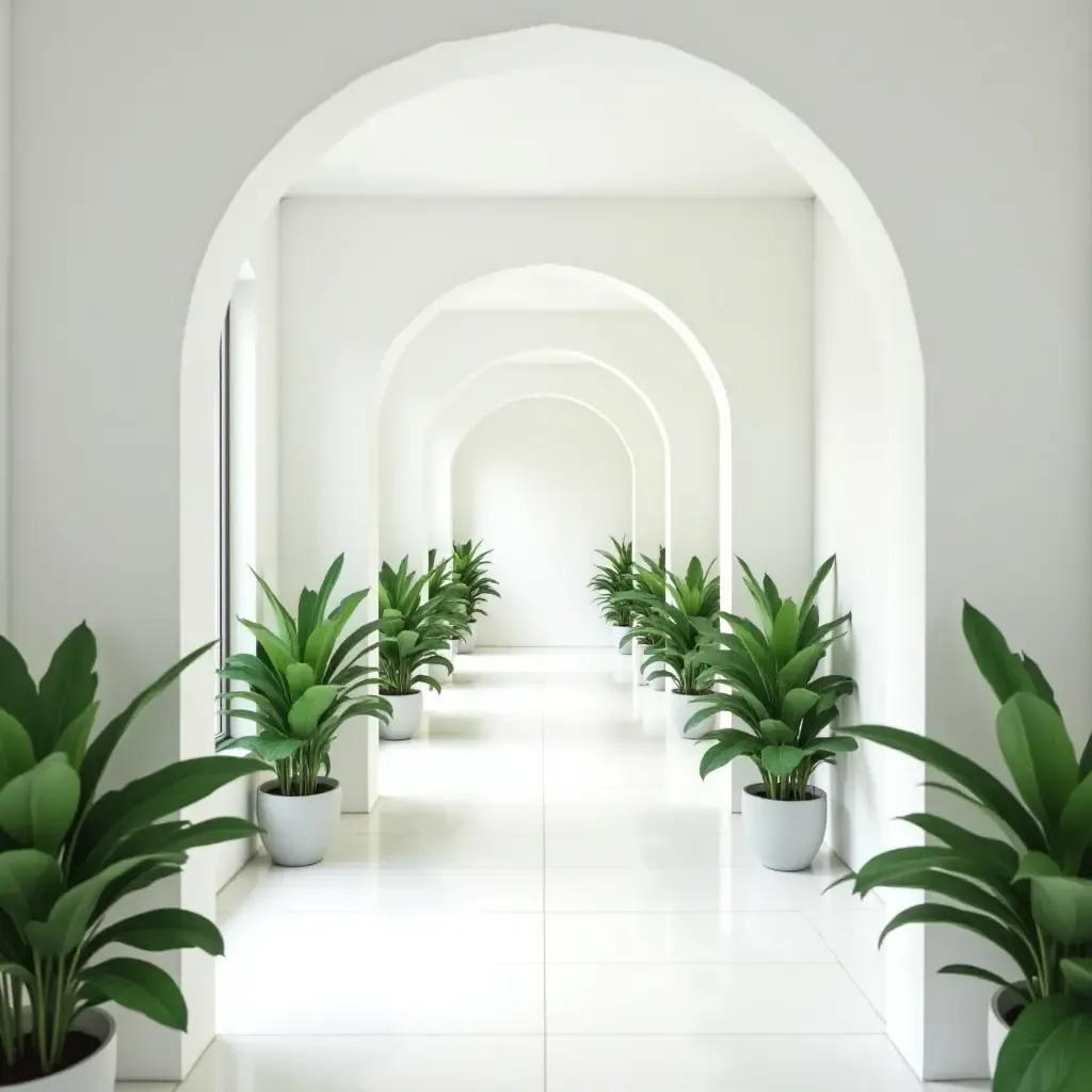 a photo of a sleek corridor featuring white walls and green plants