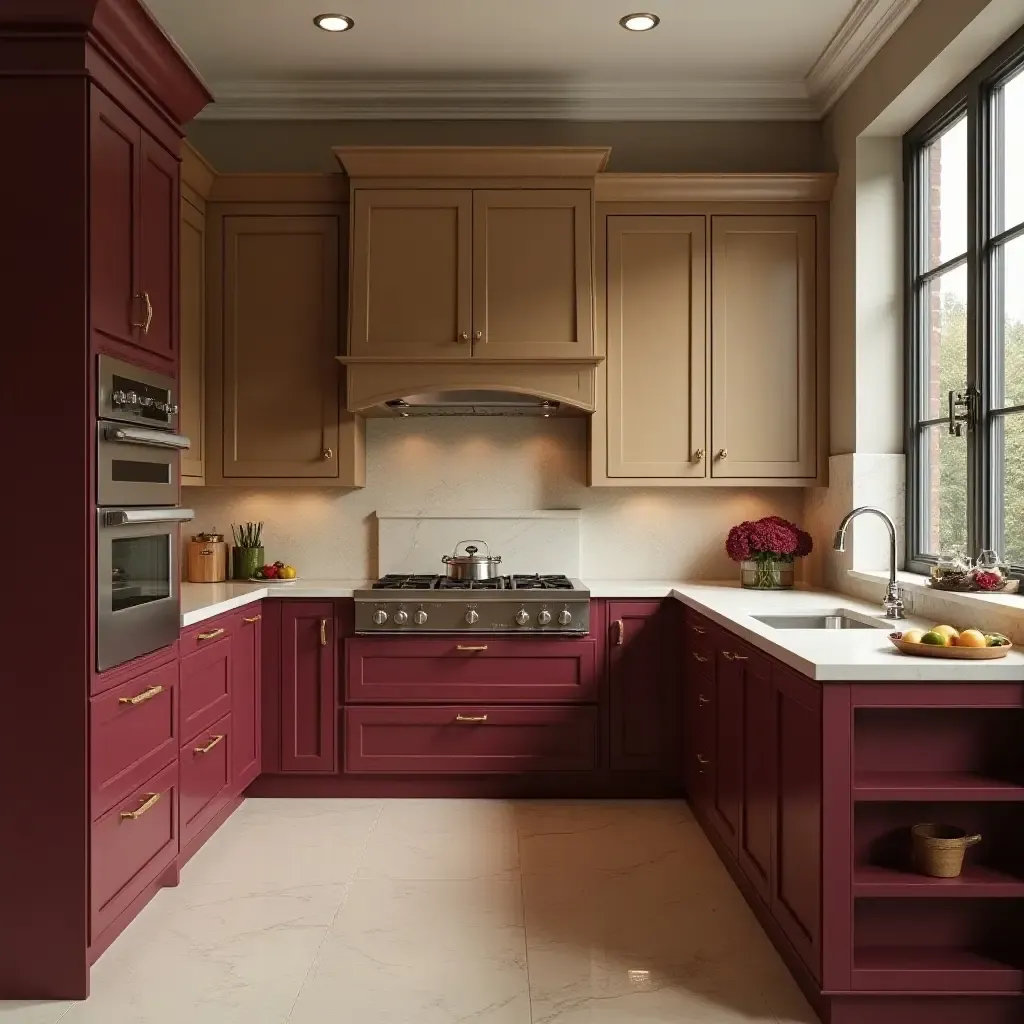 a photo of rich burgundy and warm beige kitchen cabinetry