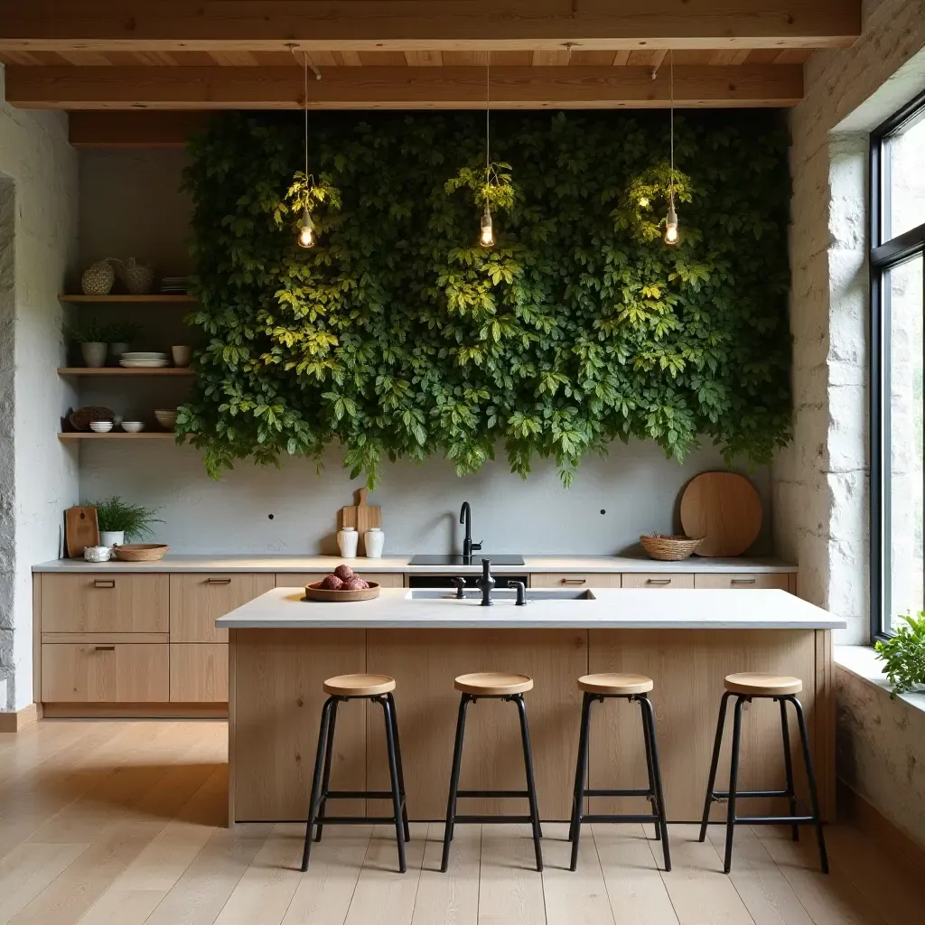 a photo of a rustic kitchen featuring a vertical plant wall