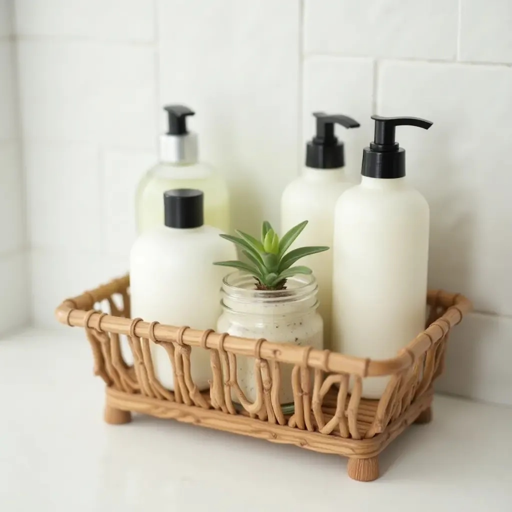 a photo of a whimsical shower caddy with natural products