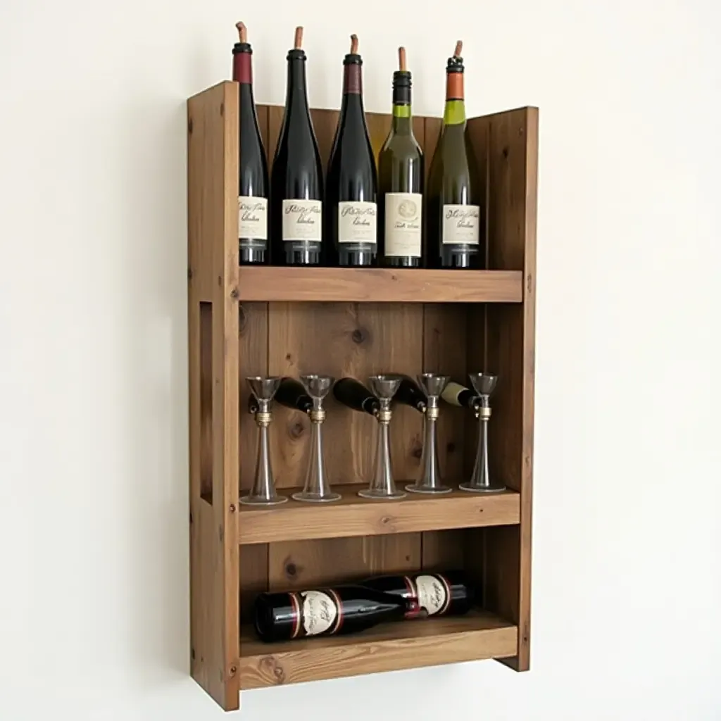 a photo of a charming wall-mounted wine rack made from reclaimed wood