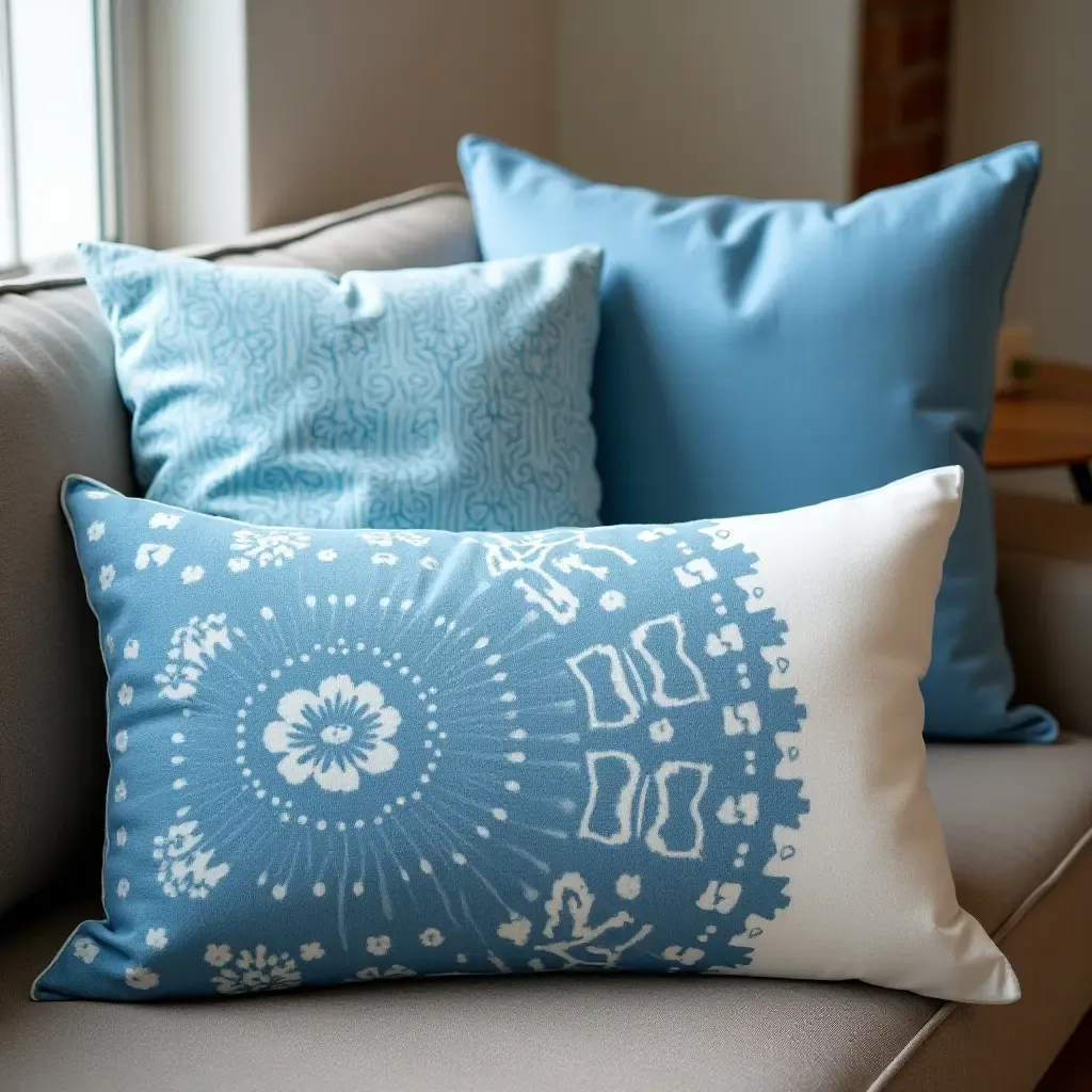 a photo of vibrant blue and white cushions on a rustic sofa