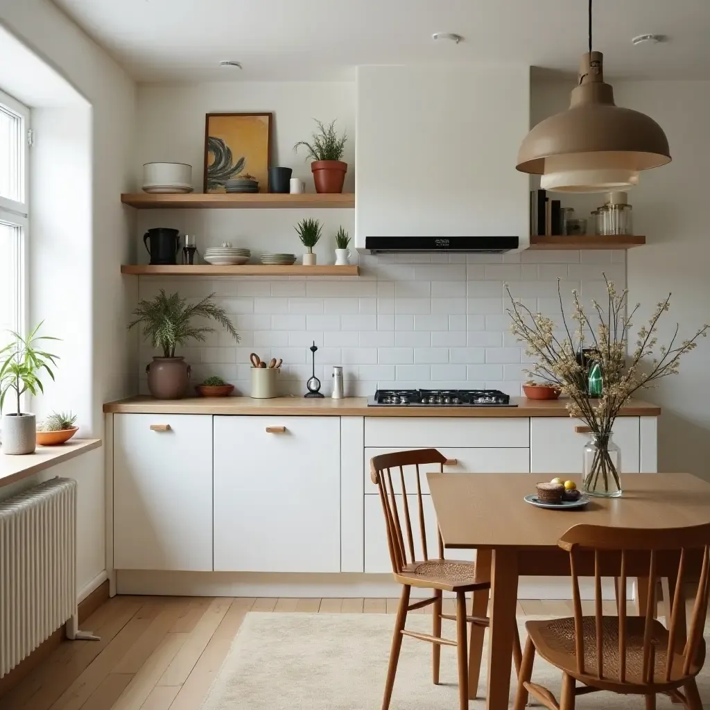 a photo of a stylish kitchen featuring vintage Scandinavian furniture and decor