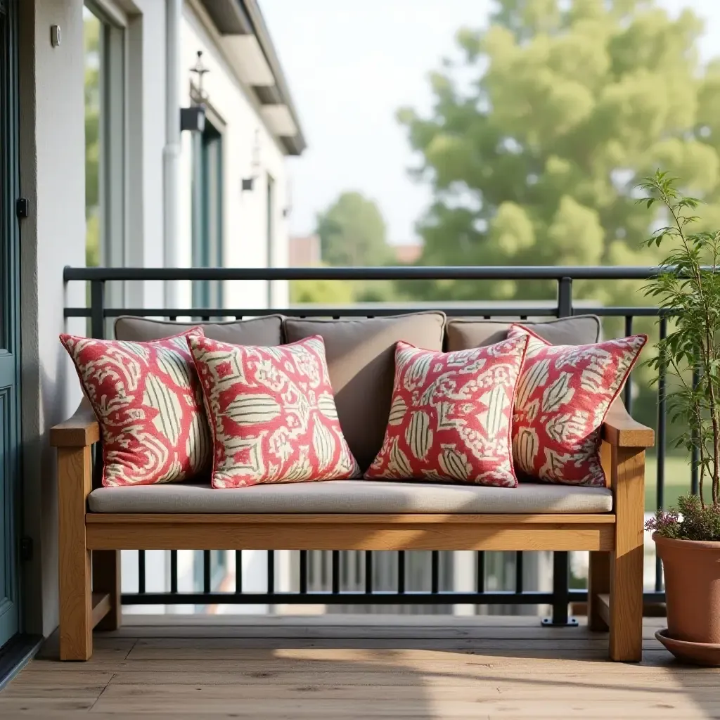 a photo of a balcony featuring a wooden bench and colorful throw pillows