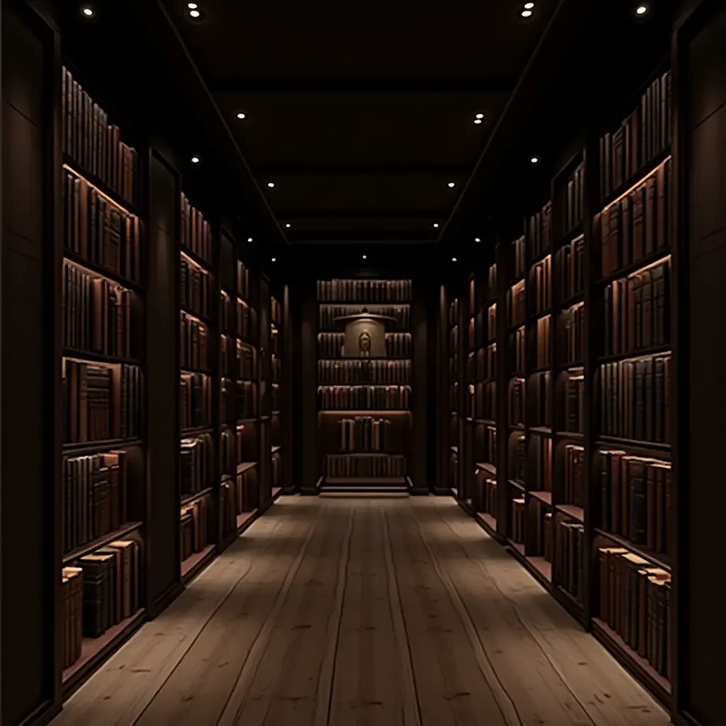 a photo of a sophisticated library with dark wood shelves and elegant lighting