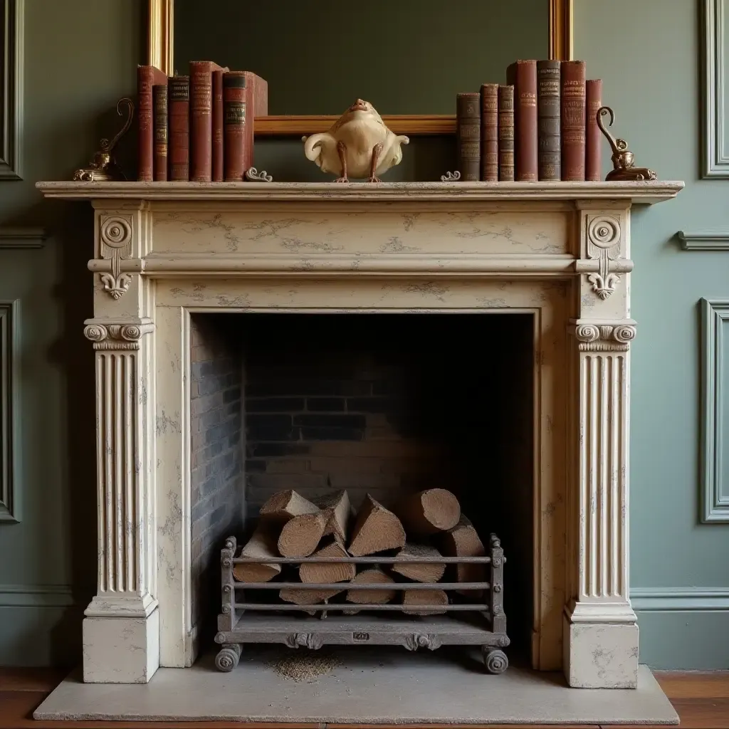 a photo of a fireplace mantel featuring a collection of vintage books