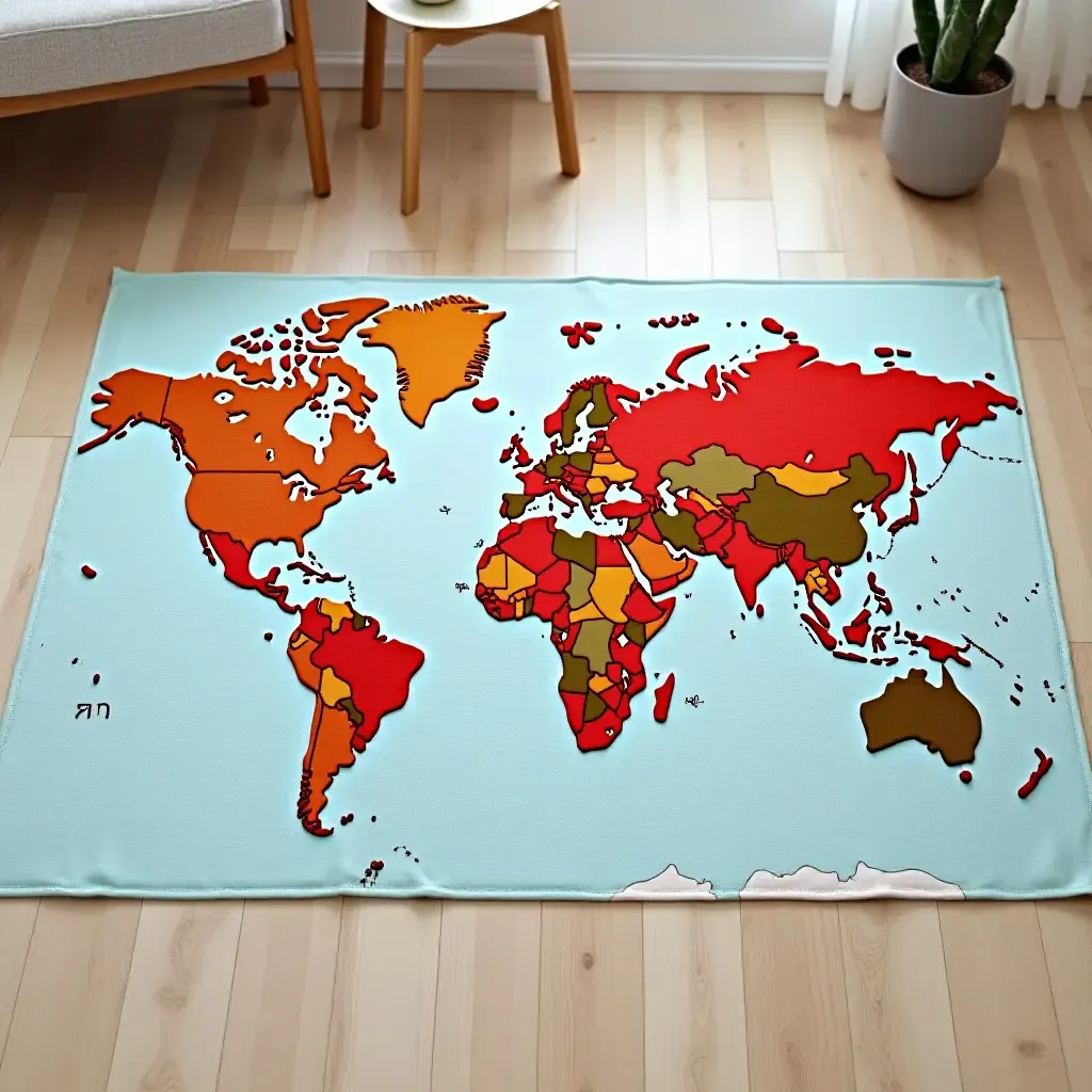 a photo of a rug with a world map for little explorers