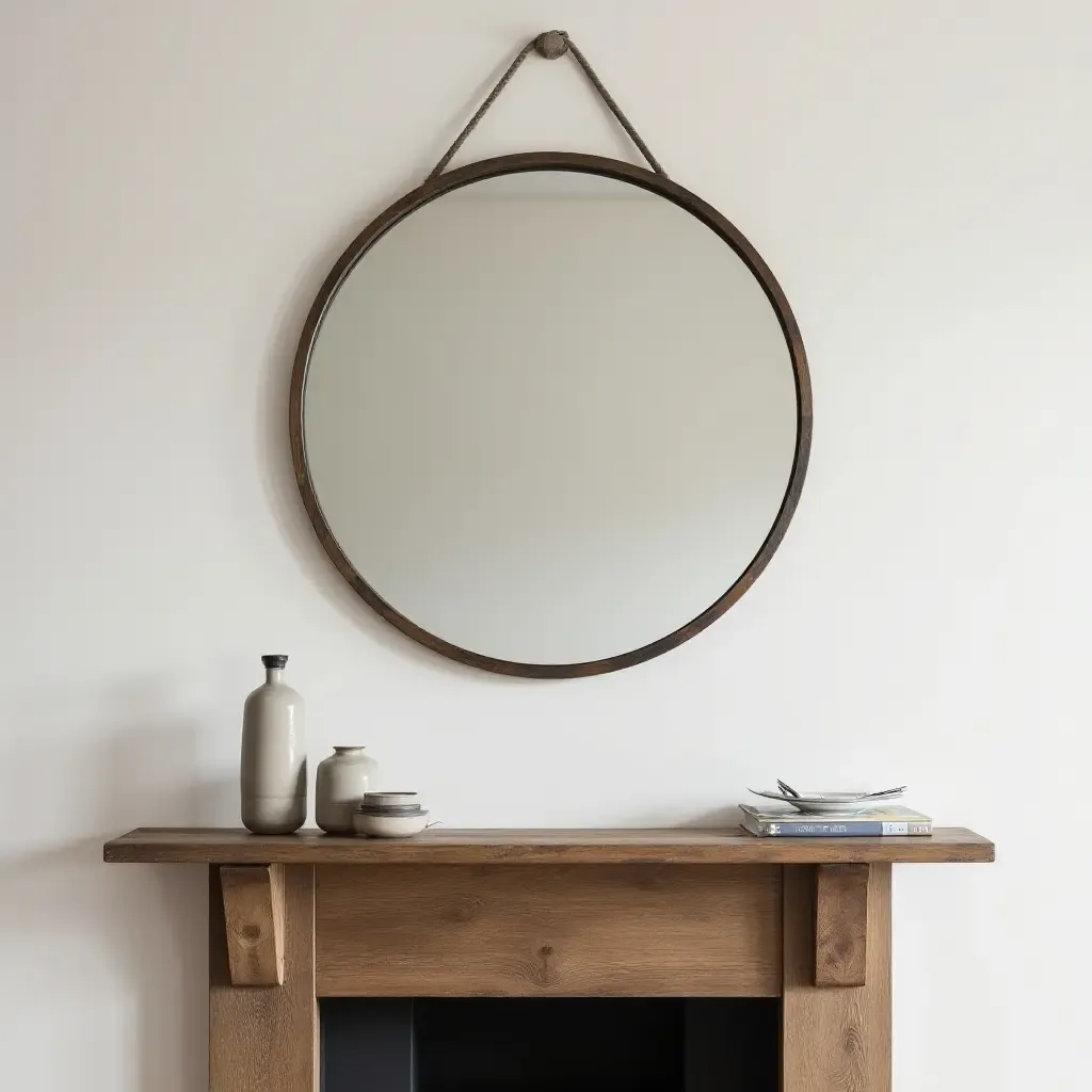 a photo of a wall-mounted mirror complementing a rustic wooden mantel