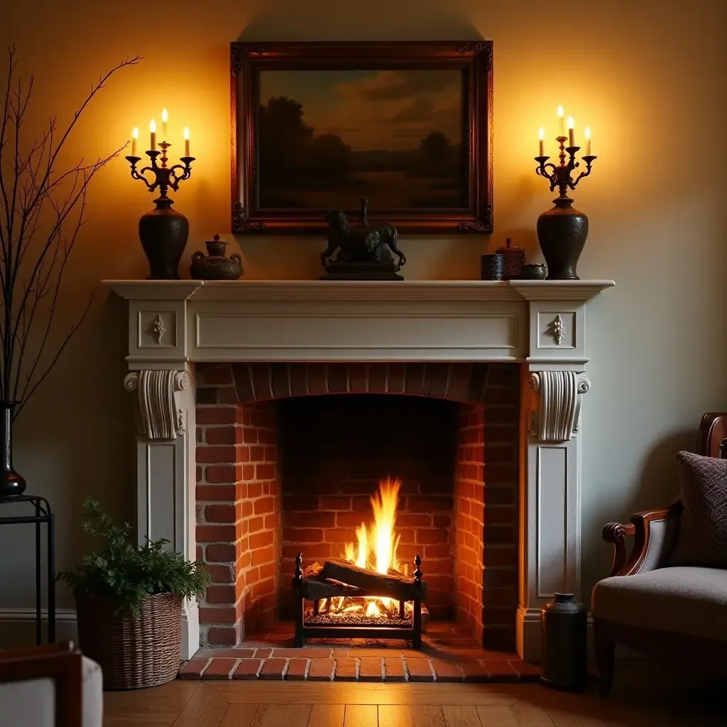 a photo of a colonial-inspired fireplace adorned with antique decor and warm lighting