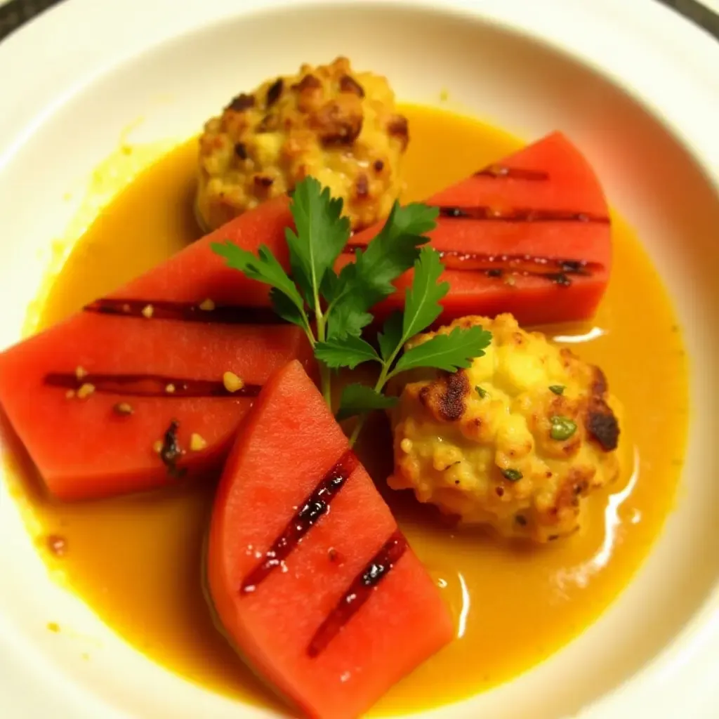 a photo of curry with grilled watermelon slices, topped with cilantro.