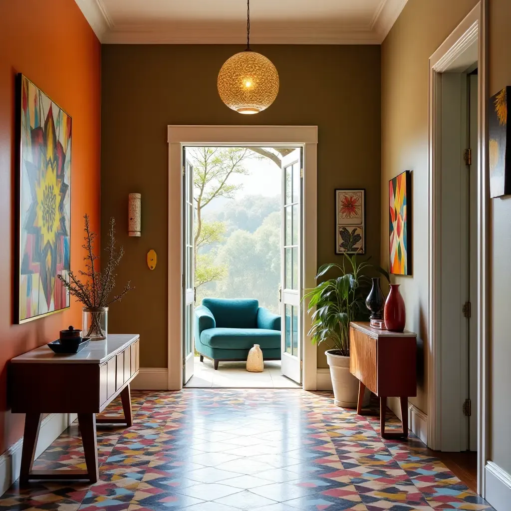 a photo of a colorful foyer featuring bold patterns and artistic touches