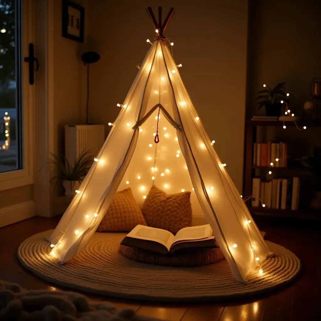 a photo of a reading nook with a small tent and fairy lights