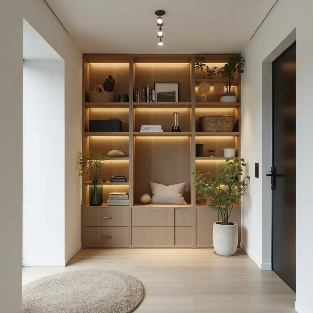 a photo of an entrance hall with multifunctional shelving and a welcoming atmosphere