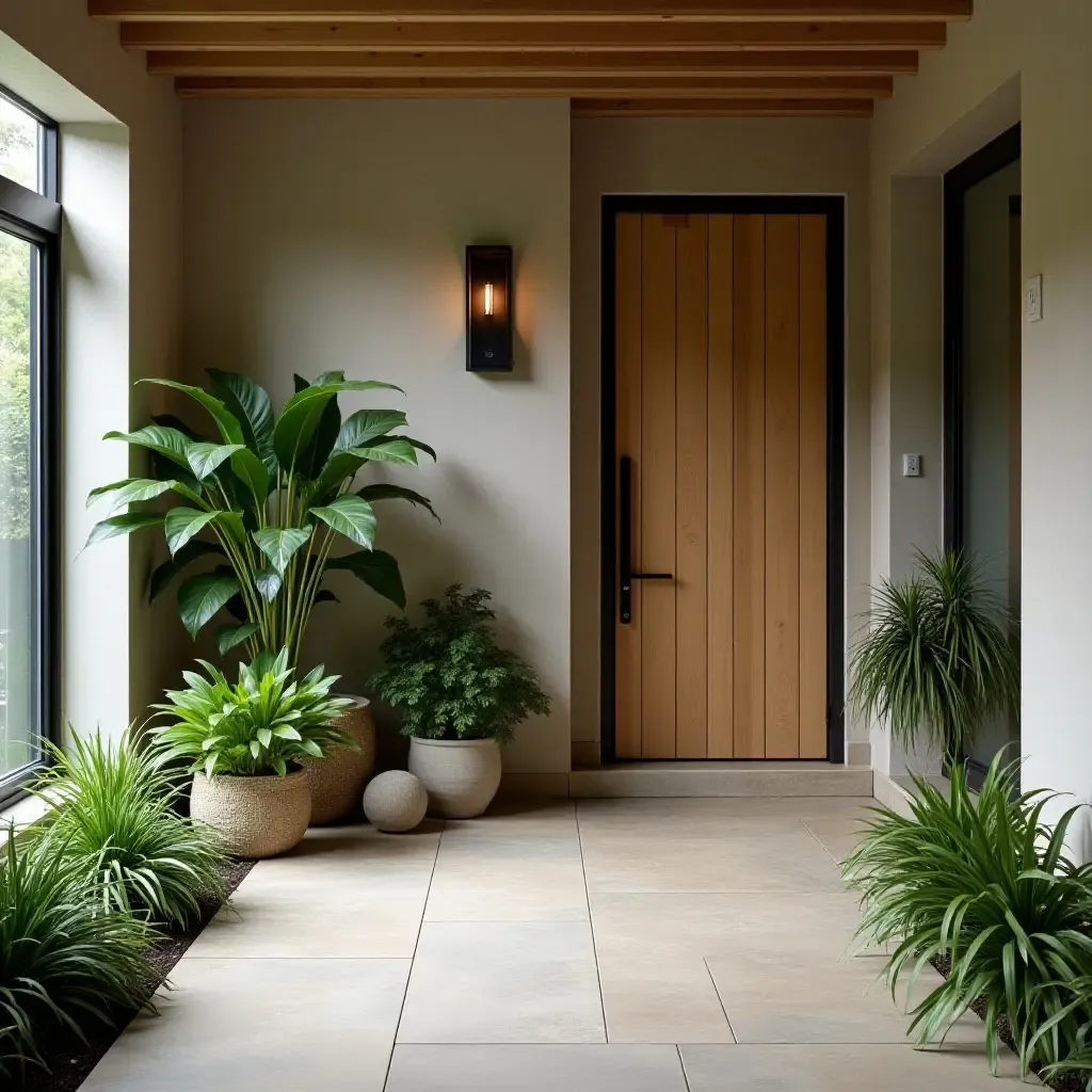 a photo of a charming entrance with a small indoor garden in a corner