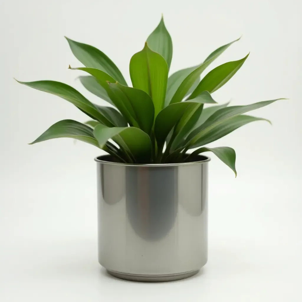 a photo of a potted plant in a metal planter