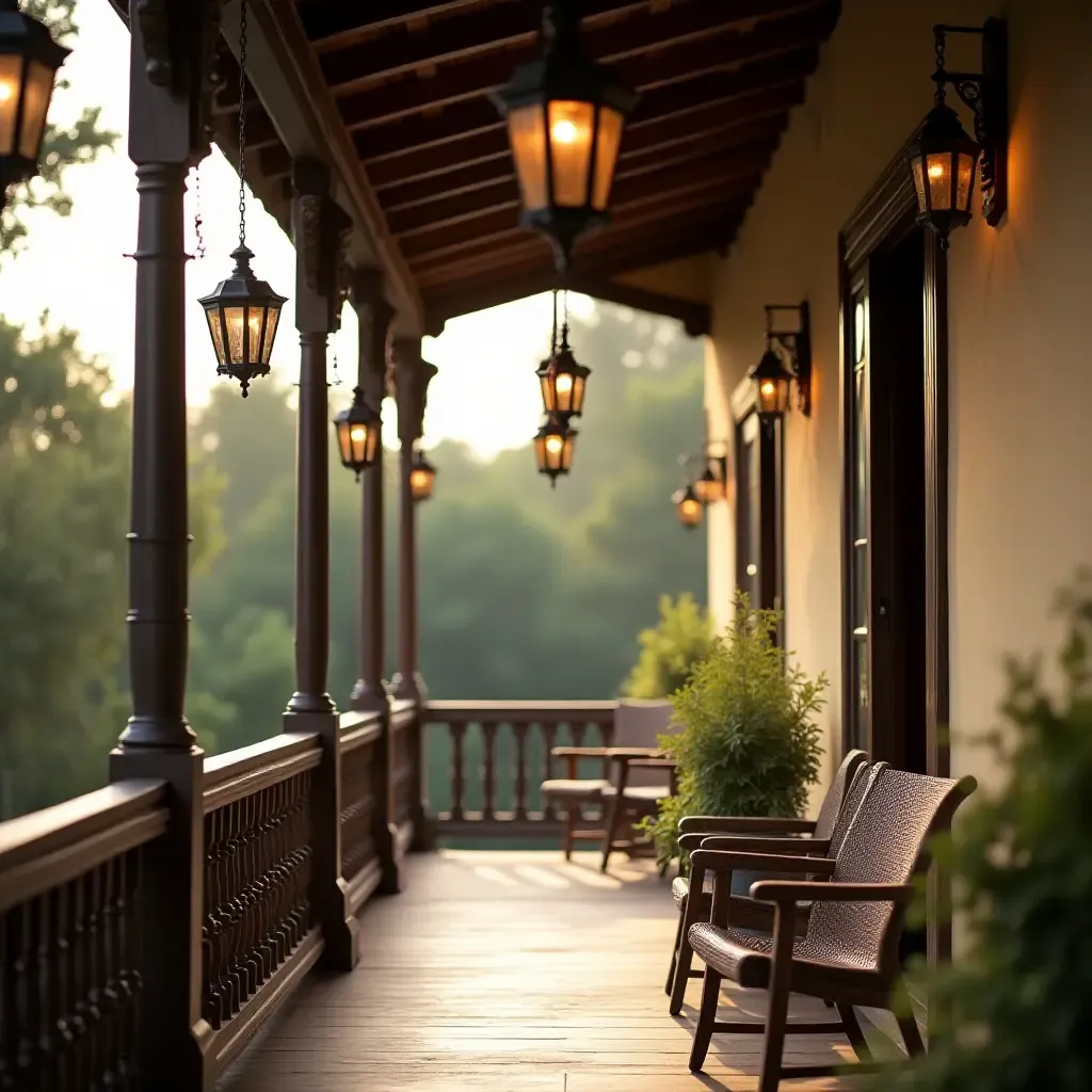 a photo of a charming balcony with vintage lanterns hanging from the ceiling